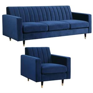 Home Square 2-Piece Set with Velvet Accent Chair and Contemporary Sofa in Navy