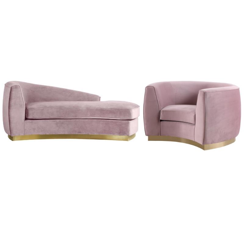Home Square 2-Piece Set with Velvet Accent Chair and Chaise in Pink and Gold