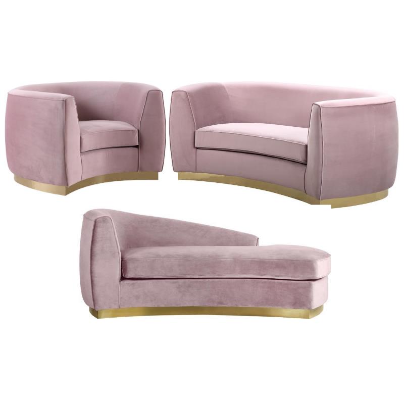 Home Square 3-Piece Set with Accent Chair Chaise & Loveseat in Pink and Gold