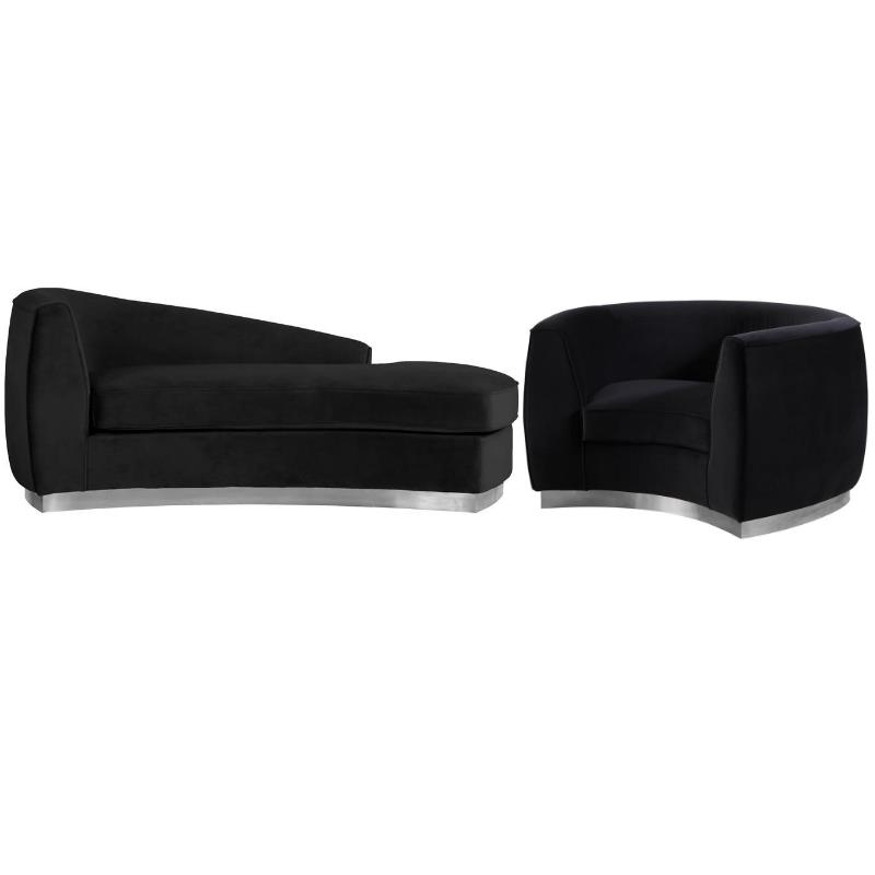 Home Square 2-Piece Set with Velvet Accent Chair and Chaise in Black and Chrome