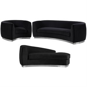 Home Square 3-Piece Set with Accent Chair Chaise & Sofa in Black and Chrome