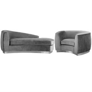 home square 2-piece set with velvet accent chair and chaise in gray and chrome