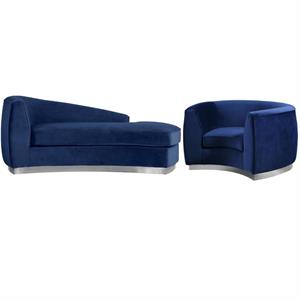 home square 2-piece set with velvet accent chair and chaise in navy and chrome