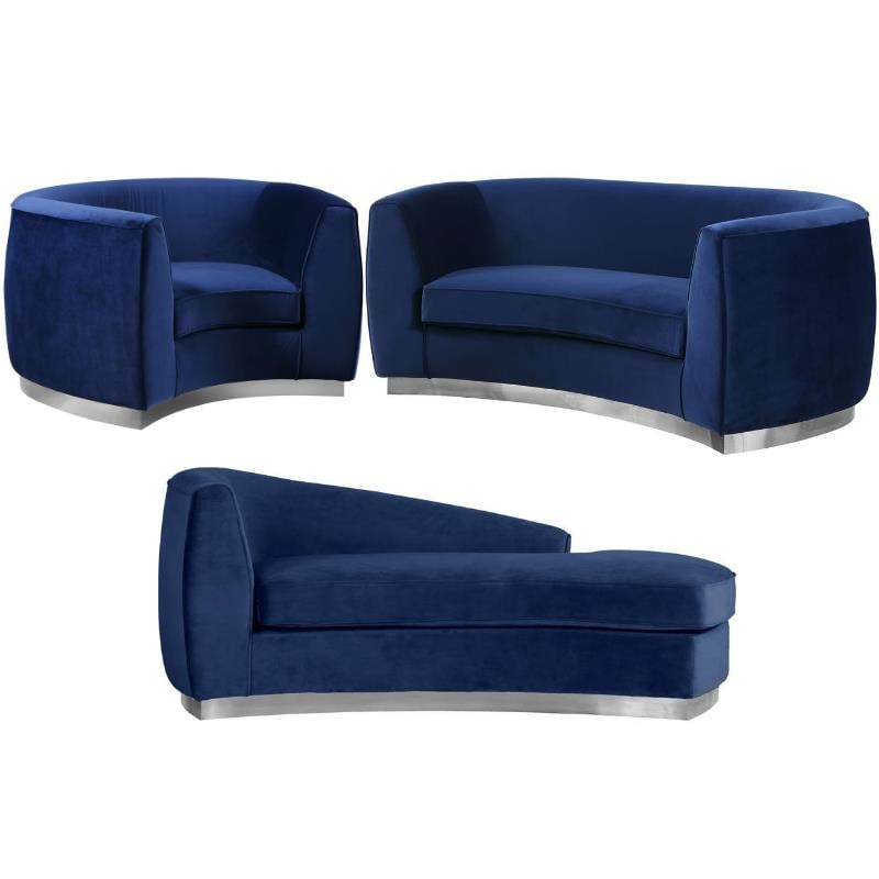 Home Square 3-Piece Set with Accent Chair Chaise & Loveseat in Navy and Chrome