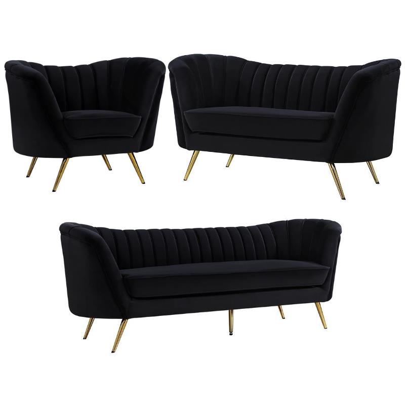 Home Square 3-Piece Set with Accent Chair Loveseat & Sofa in Black and Gold