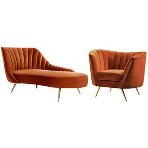home square 2-piece set with accent chair and chaise in cognac and gold