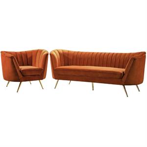 Home Square 2-Piece Set with Accent Chair and Sofa in Cognac and Gold