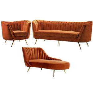 Home Square 3-Piece Set with Accent Chair Chaise and Sofa in Cognac and Gold