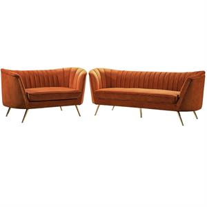 Home Square 2-Piece Set with Contemporary Velvet Loveseat and Sofa in Cognac