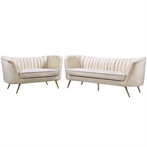 Home Square 2-Piece Furniture Set with Velvet Loveseat and Sofa in Cream