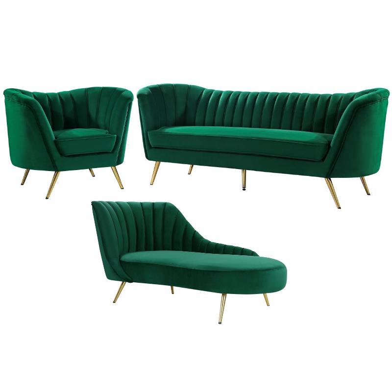 Home Square 3-Piece Set with Accent Chair Chaise and Sofa in Green and Gold