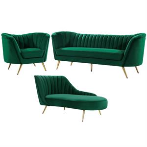 Home Square 3-Piece Set with Accent Chair Chaise and Sofa in Green and Gold