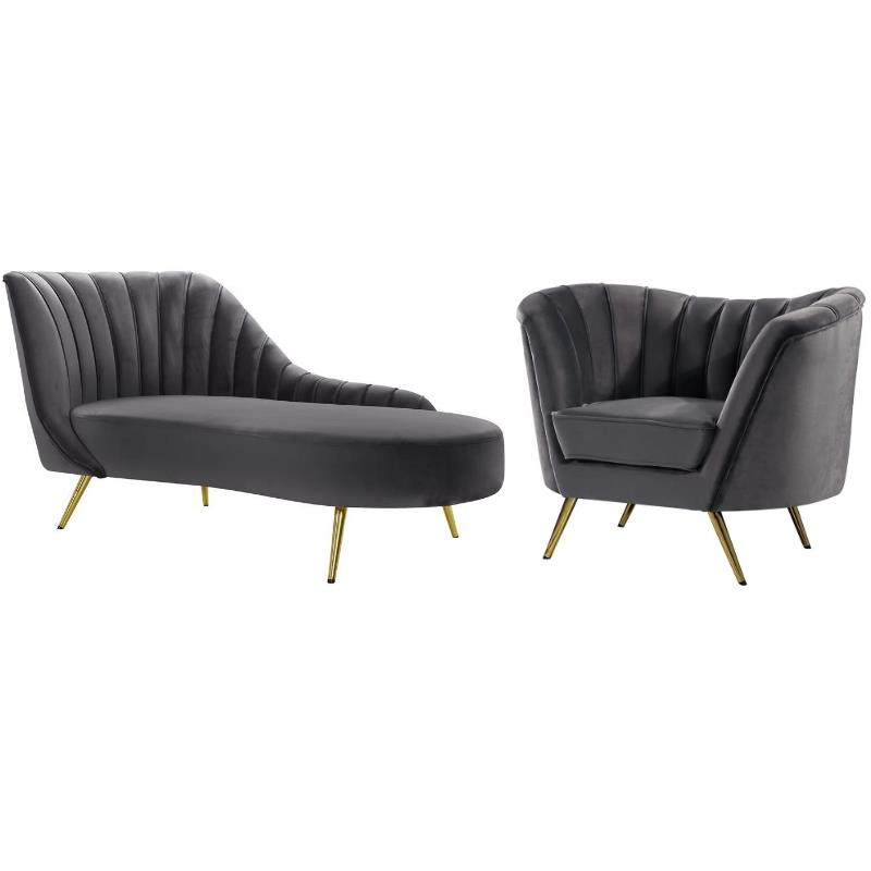 Home Square 2-Piece Furniture Set with Accent Chair & Chaise in Gray and Gold