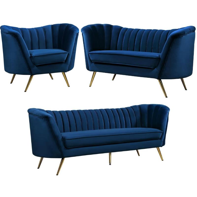 Home Square 3-Piece Set with Accent Chair Loveseat and Sofa in Navy and Gold