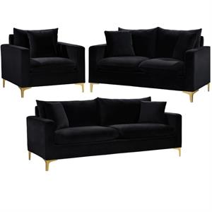 Home Square 3-Piece Set with Velvet Accent Chair Loveseat and Sofa in Black