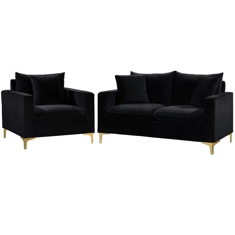 Home Square 2-Piece Furniture Set with Velvet Accent Chair and Loveseat in Black
