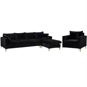 Home Square 2-Piece Set with Velvet Reversible Sectional & Accent Chair in Black