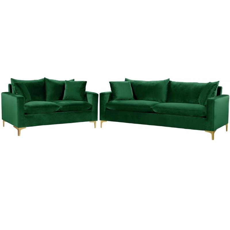 Home Square 2-Piece Set with Contemporary Velvet Loveseat and Sofa in Green