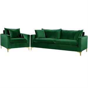 Home Square 2-Piece Furniture Set with Velvet Accent Chair and Sofa in Green