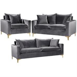 Home Square 3-Piece Set with Velvet Accent Chair Loveseat and Sofa in Gray