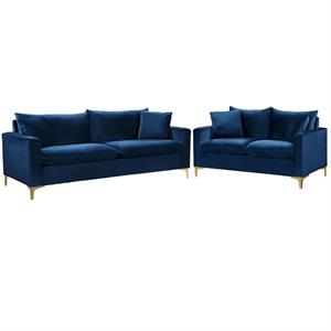 Home Square 2-Piece Furniture Set with Velvet Loveseat and Sofa in Navy