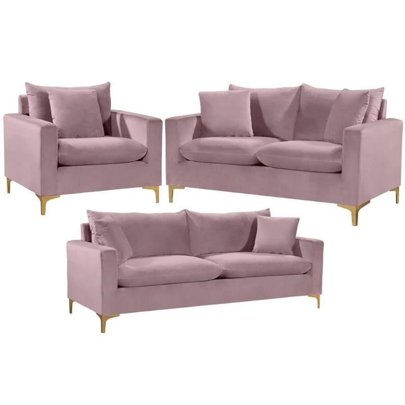 Home Square 3-Piece Set with Velvet Accent Chair Sofa and Loveseat in Pink