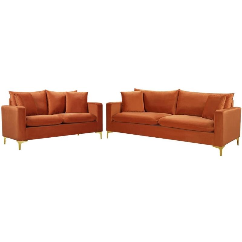 Home Square 2-Piece Furniture Set with Velvet Loveseat and Sofa in Cognac