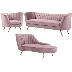 Home Square 3-Piece Set with Velvet Accent Chair Chaise & Sofa in Pink and Gold