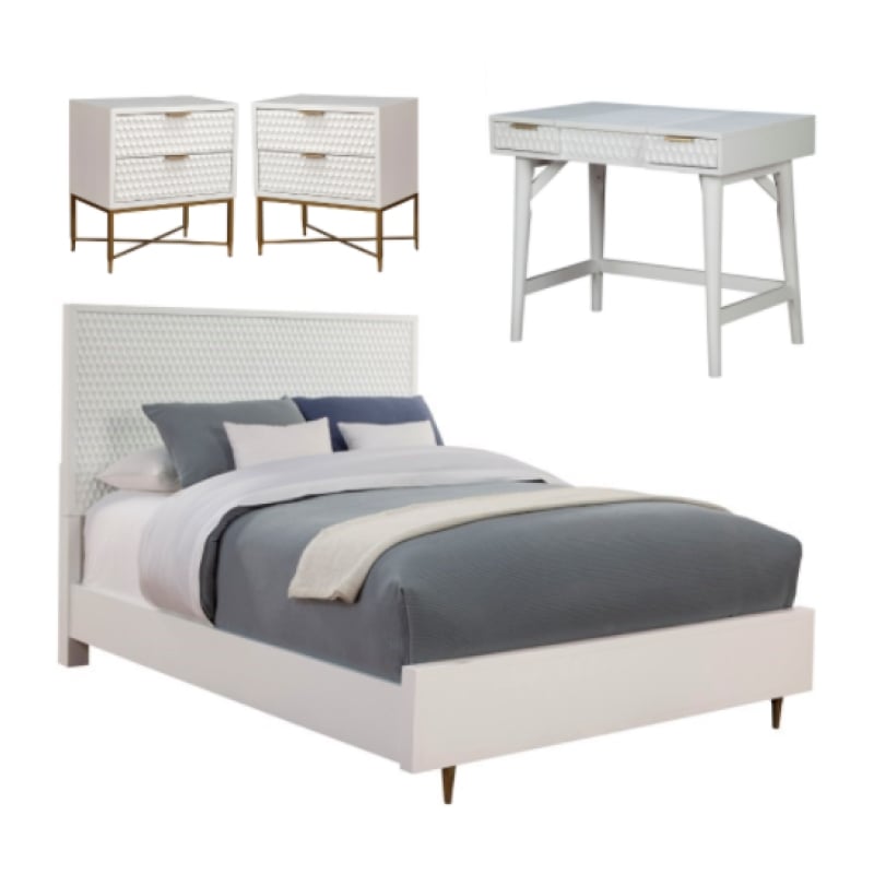 Home Square 4 Piece Set with Nightstand Full Wood Panel Bed & Bedroom Vanity