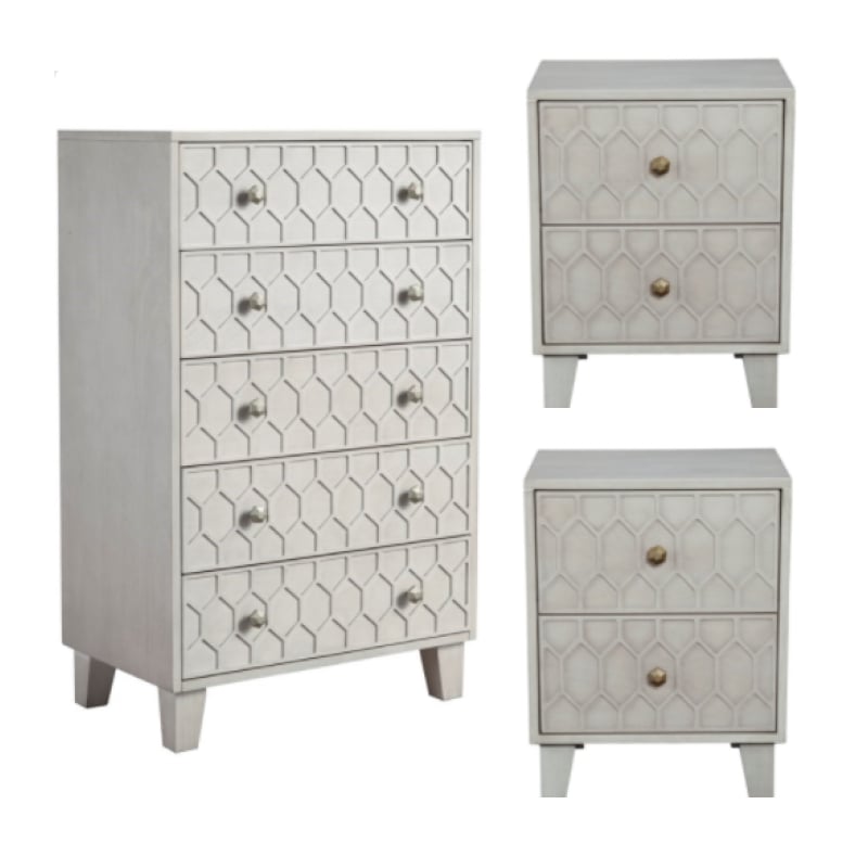 Home Square 3 Piece Set with 2-Drawer Wood Nightstand and 5-Drawer Chest