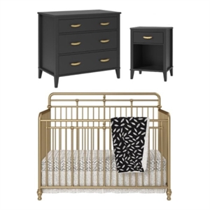home square 3-piece set with 3 in 1 crib nightstand and dresser in gold/black