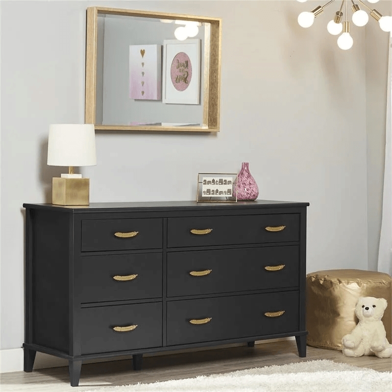 Home Square 2-Piece Furniture Set with Metal Crib 6-Drawer Dresser in Gold/Black