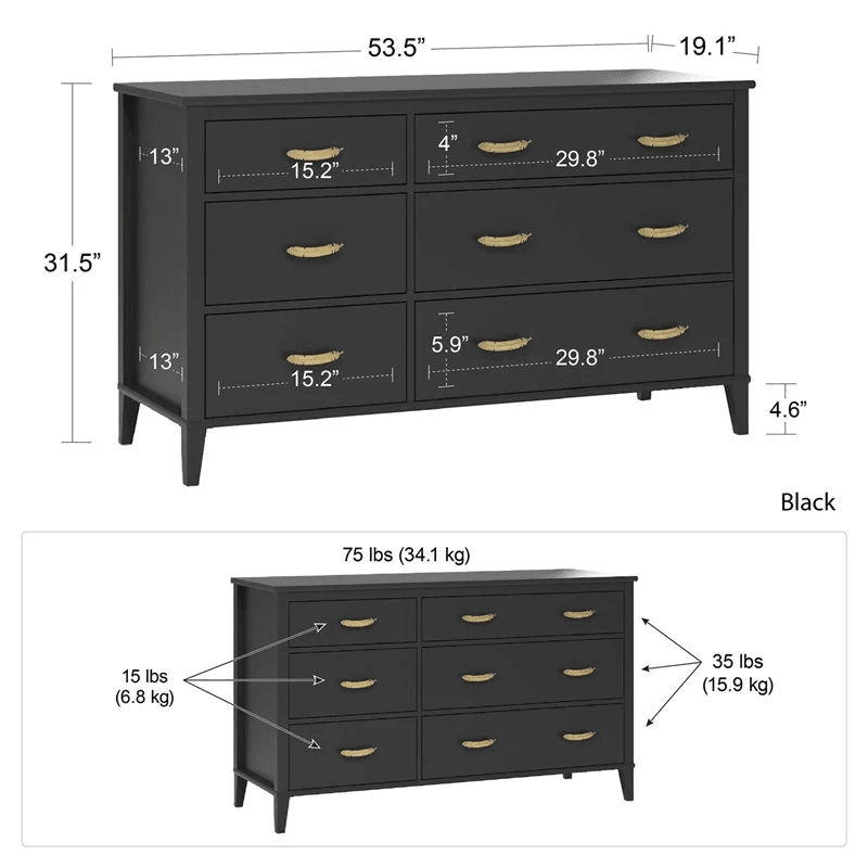 Home Square 2-Piece Furniture Set with Metal Crib 6-Drawer Dresser in Gold/Black