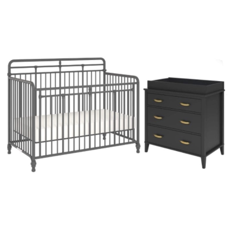 Home Square 2-Piece Set with Metal Crib & 3-Drawer Changing Table in Gray/Black