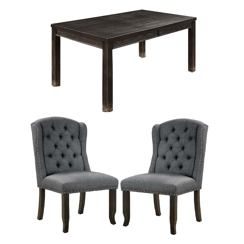 Sinuata 3-Piece Black and Gray Wood Dining Table and 2 Tufted Side Chair Set