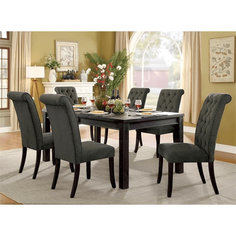 Sinuata 3-Piece Black and Gray Wood Dining Table and 2 Tufted Side Chair Set