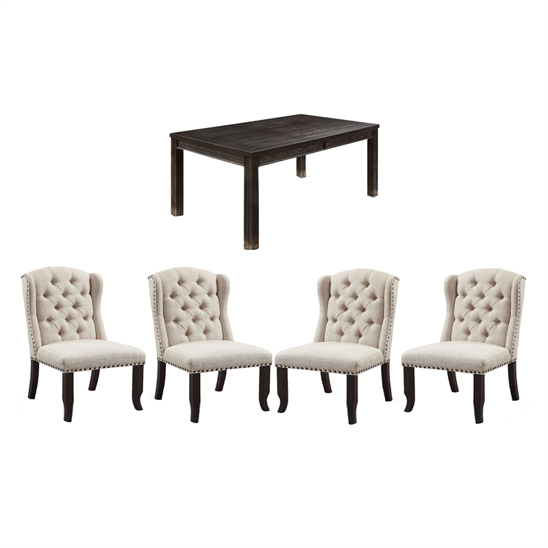 Sinuata 5-Piece Black and Beige Wood Dining Table and 2 Tufted Side Chair Set