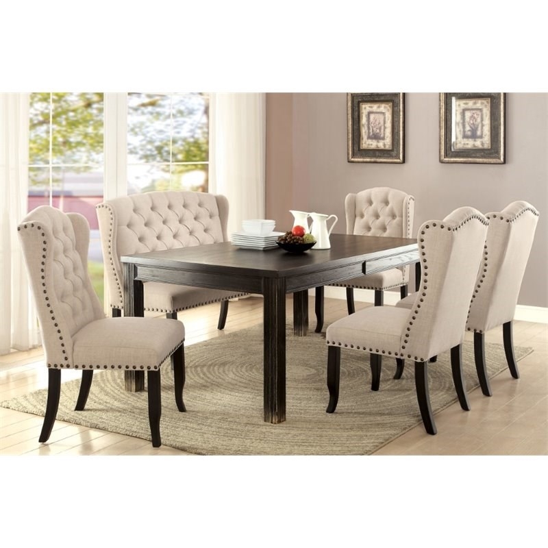 Sinuata 5-Piece Black and Beige Wood Dining Table and 2 Tufted Side Chair Set