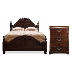 Ruben 2-Piece Cherry Wood California King Poster Bed and 5-Drawer Chest Set