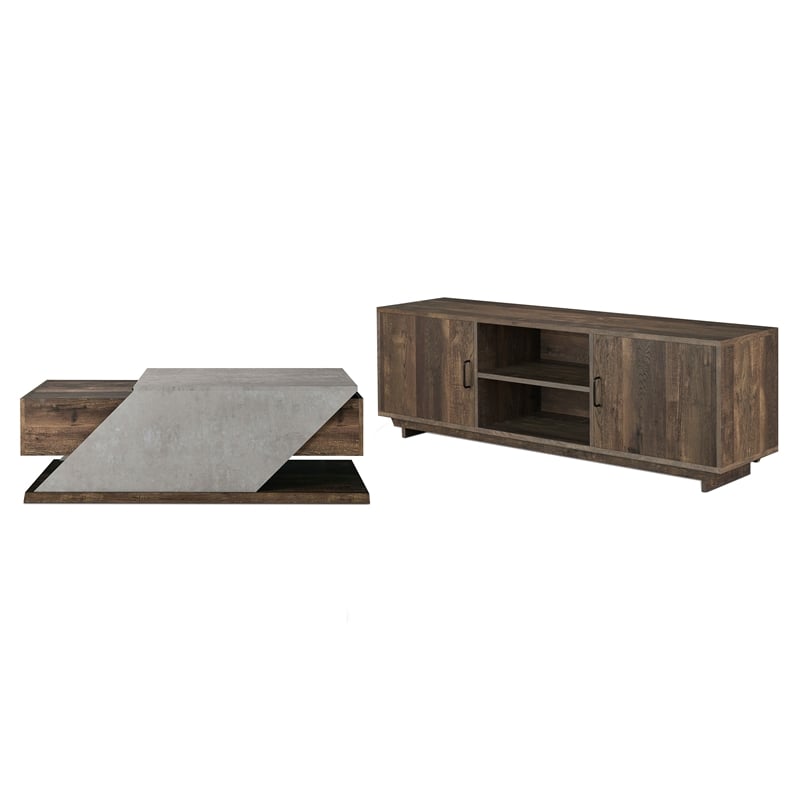 Krella 2-Piece Oak Wood Storage Coffee Table and 62-Inch TV Stand Set