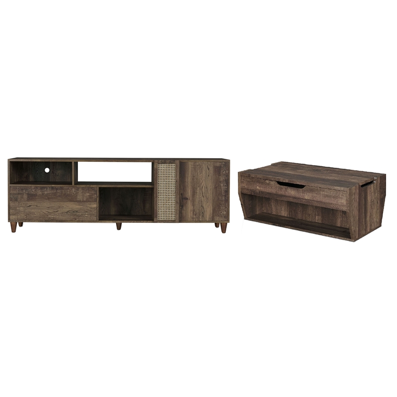 Edwards 2-Piece Oak Wood Storage Coffee Table and 70-Inch TV Stand Set