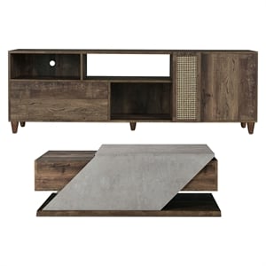 Menster 2-Piece Oak Wood Storage Coffee Table and 70-Inch TV Stand Set
