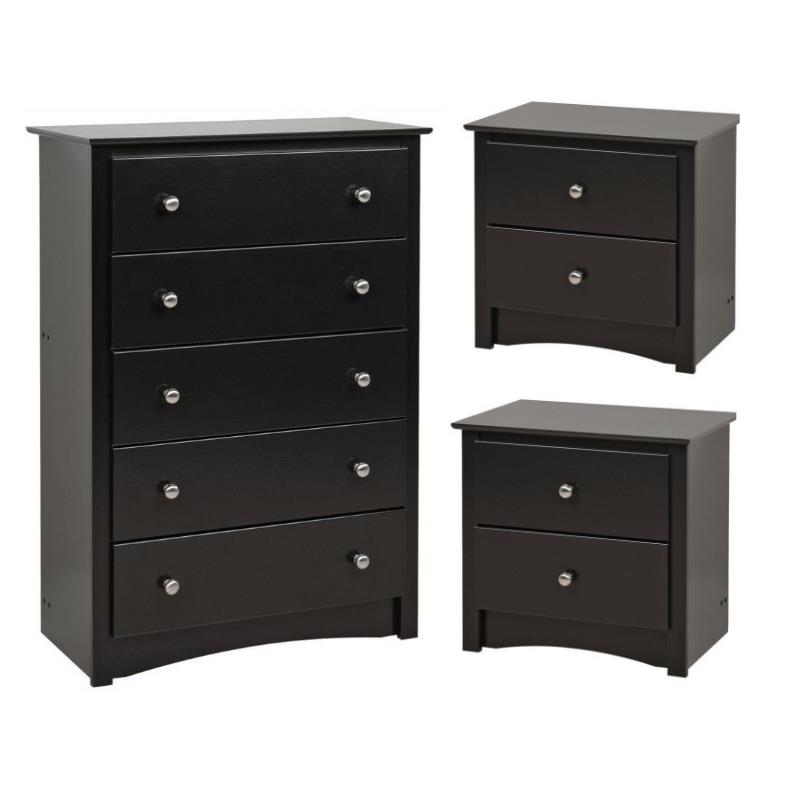 Home Square 3-Piece Set with 5-Drawer Chest and 2 Nightstands in Black