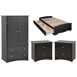 home square 4-piece set with storage bed wardrobe armoire 2 nighstands in black