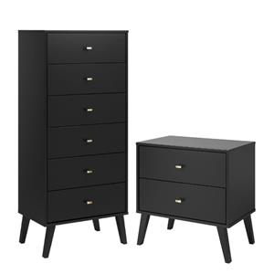 home square 2-piece set with modern 2-drawer nightstand and tall 6-drawer chest