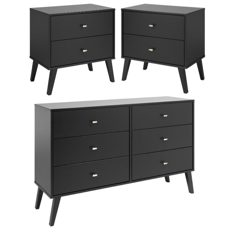 Home Square 3-Piece Set with 2 Modern 2-Drawer Nightstands and Double Dresser