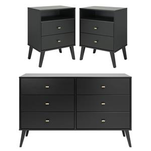 home square 3-piece set with 2 modern tall nightstands & 6-drawer double dresser