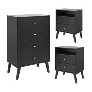 Home Square 3-Piece Set with 2 Modern Tall Nightstands and 4-Drawer Chest