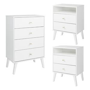 home square 3-piece set with 2 tall nightstands and 4 drawer chest in white