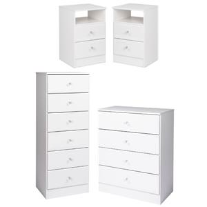 home square 4-piece set with 2 nightstands tall chest & 4-drawer chest in white